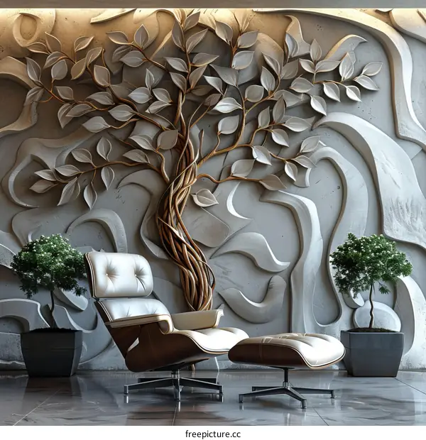 Modern 3D Tree Wall Sculpture with White Leaves Against a Gray Background