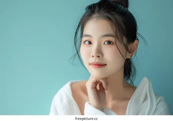 Beautiful Asian Woman in White Robe with Light Blue Background