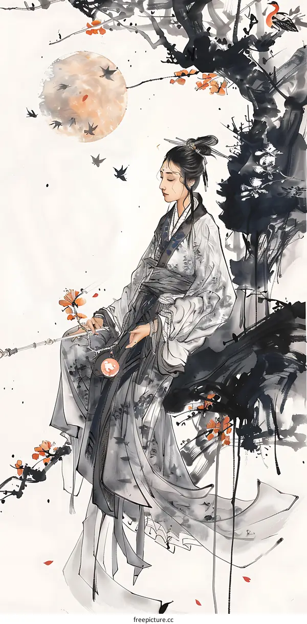 Traditional Chinese Ink Wash Painting with a Woman in a White Robe, a Tree Branch, a Full Moon, and Birds