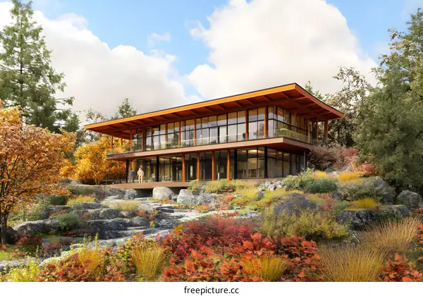 Modern Glass House with Wooden Roof and Two People on Deck