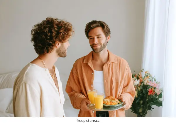 Two Men Enjoying a Breakfast Together in a Cozy Home