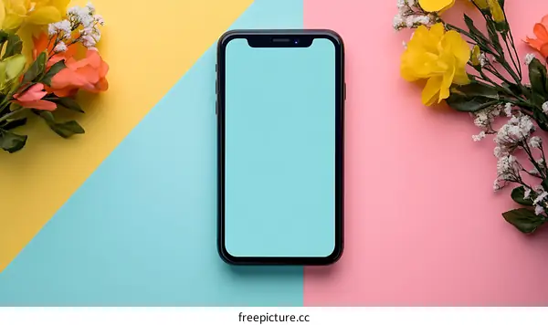 Blank Smartphone Screen Mockup With Flowers on Colorful Background
