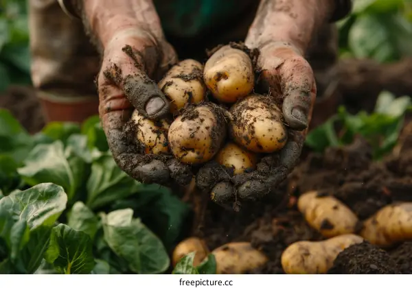 A farmer's hands holding freshly harvested potatoes