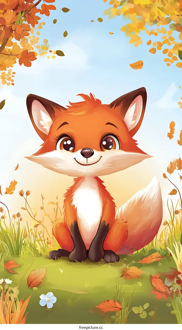 Cute Little Fox Sitting In Autumn Forest