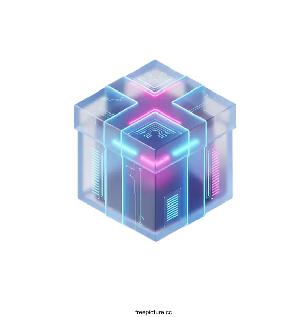 [Transparent Background PNG]Futuristic glowing cube with neon lights and circuit patterns