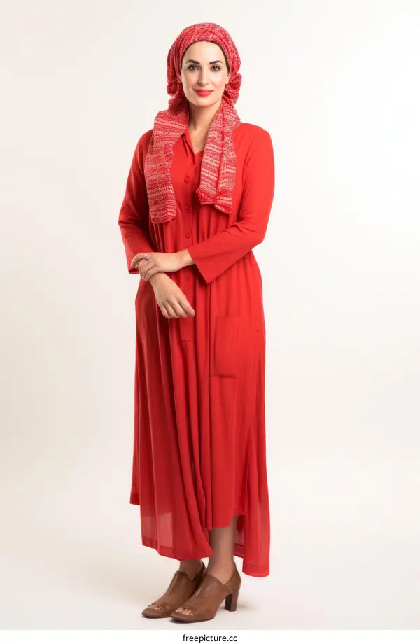 A woman wearing a red dress and red headscarf