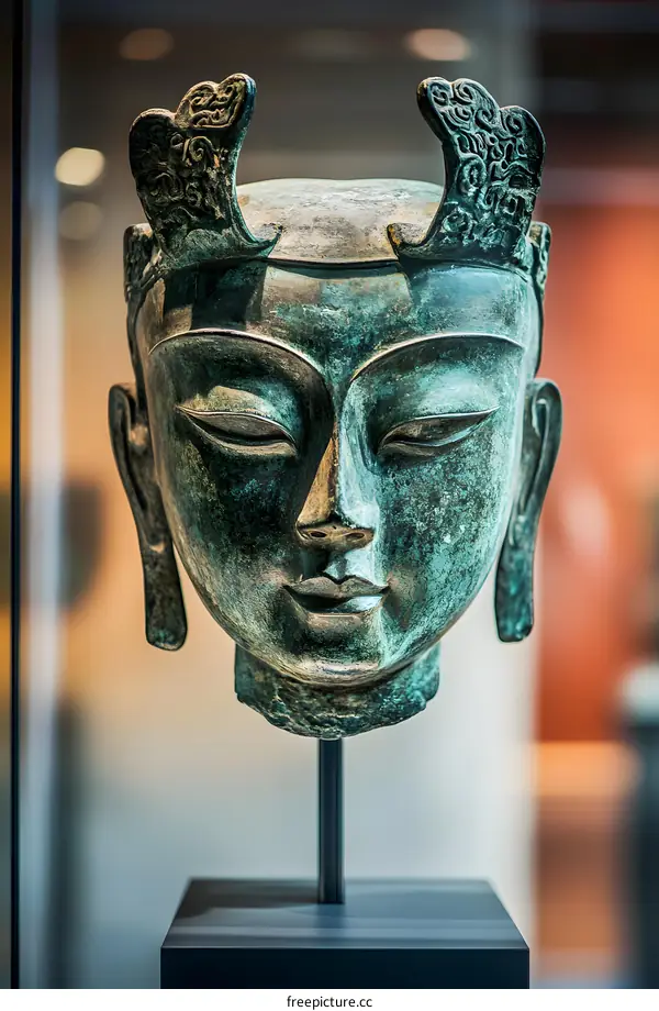 Close Up of a Bronze Buddha Head Sculpture in a Museum