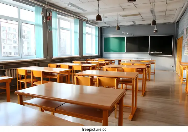 Empty Classroom with Desks and Chairs