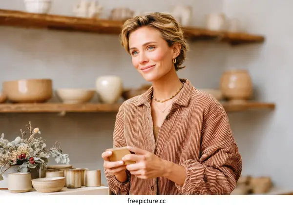 Woman using smartphone in pottery studio