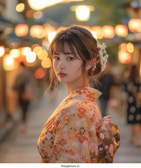 Beautiful Asian Woman in Traditional Japanese Kimono at Night
