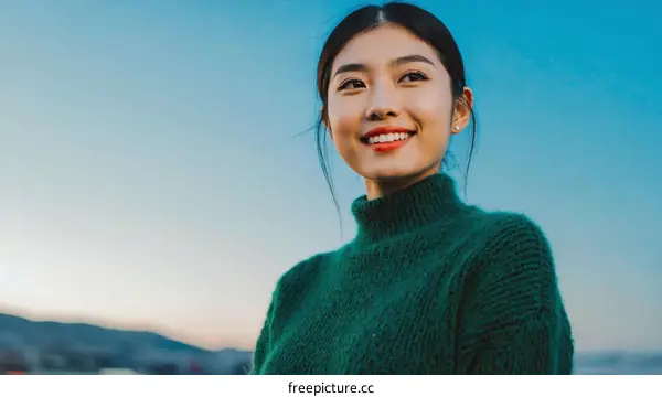 Smiling Asian Woman in Green Sweater Outdoors