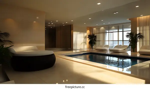 Modern Indoor Pool Design With Loungers and Palm Trees