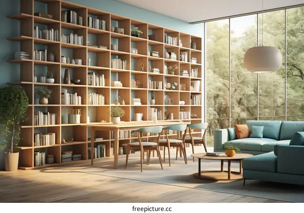 Blue and wood tone interior design living room with large bookshelf