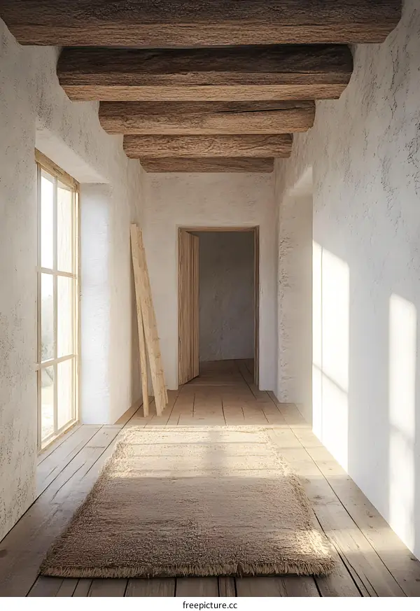 Rustic Interior Design with Wooden Beams and a Natural Rug