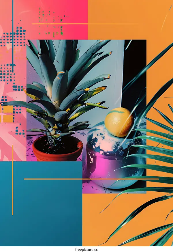 Tropical Plant with Orange on a Colorful Background