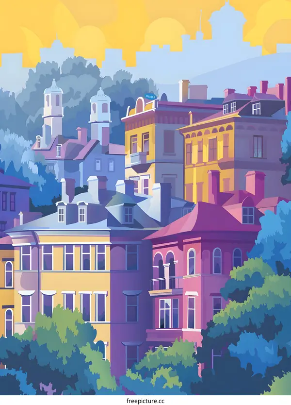 Colorful Cityscape with European Architecture and Lush Trees