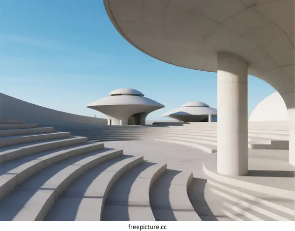 Concrete Curved Architecture with Circular Roof Structures Under Clear Sky