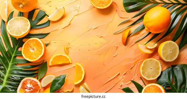 Fresh Orange Slices and Green Leaves on Orange Background