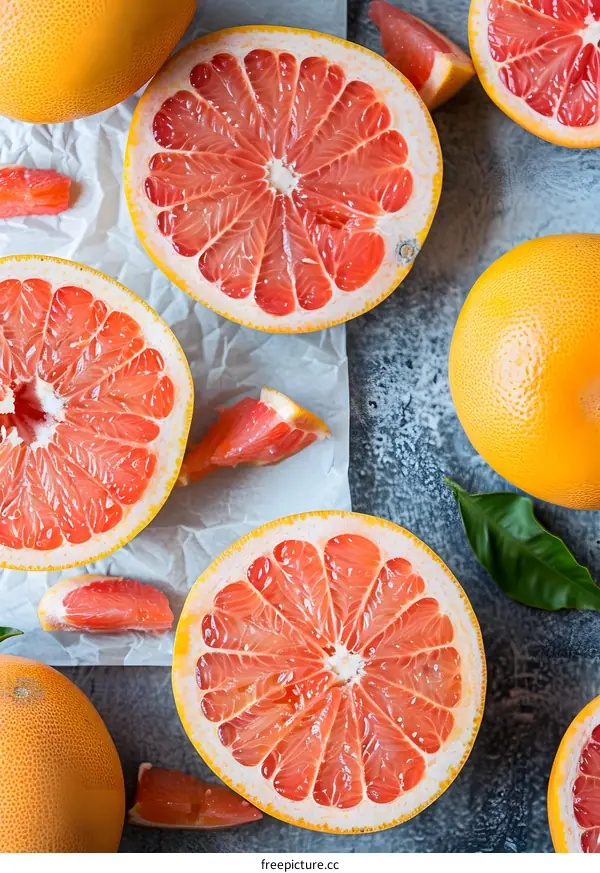 Fresh Grapefruit Slices on Grey Background