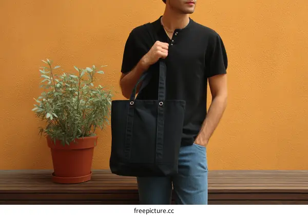 Stylish Man Carrying a Black Tote Bag Outdoors