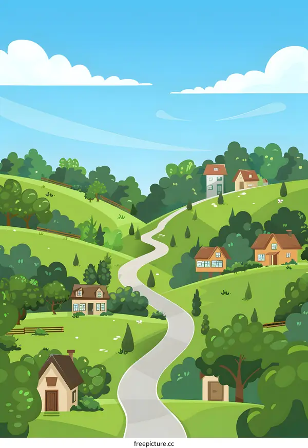 Cartoon Landscape Illustration with Houses and Winding Road