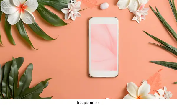 Flat lay of Tropical Leaves and Flowers with Smartphone