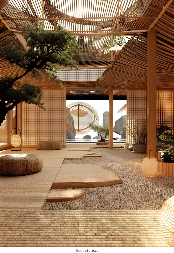 Japanese Style Interior Design with Bamboo Ceiling and Tatami Floor