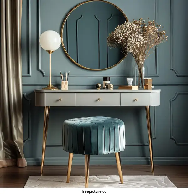 Elegant Green Vanity Table with Round Mirror and Velvet Stool