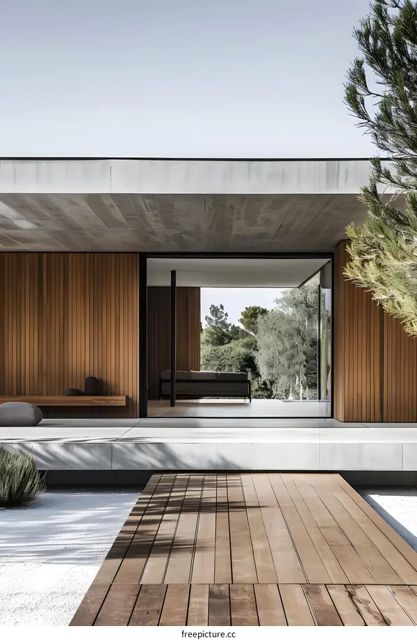 Modern Minimalist Concrete and Wood House with a Wooden Deck and Gravel Garden