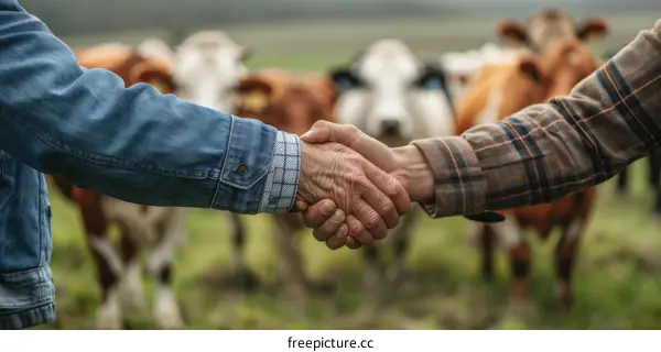 Two farmers shaking hands in a field of cows