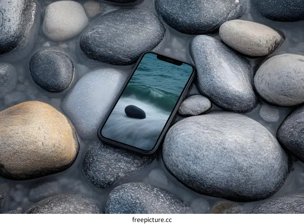 Smartphone on Rocks with Ocean View