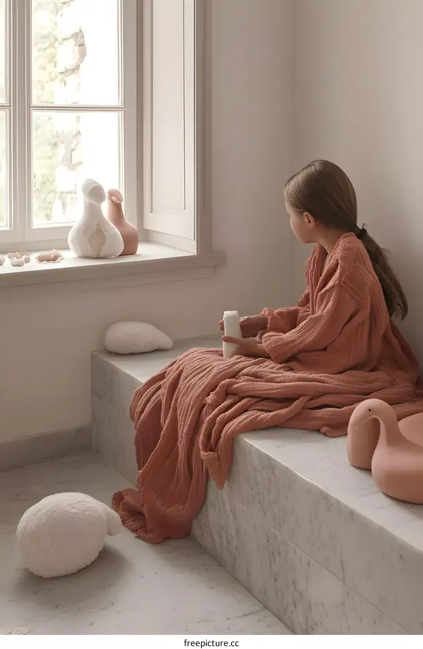 Young Girl in Pink Robe Sitting on Marble Bench