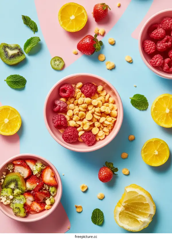 Colorful Fresh Fruit and Cereal Breakfast