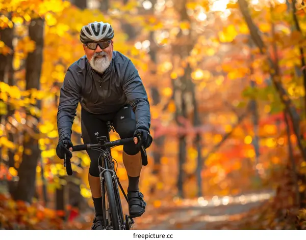 A cyclist rides through a forest of yellow and orange autumn leaves