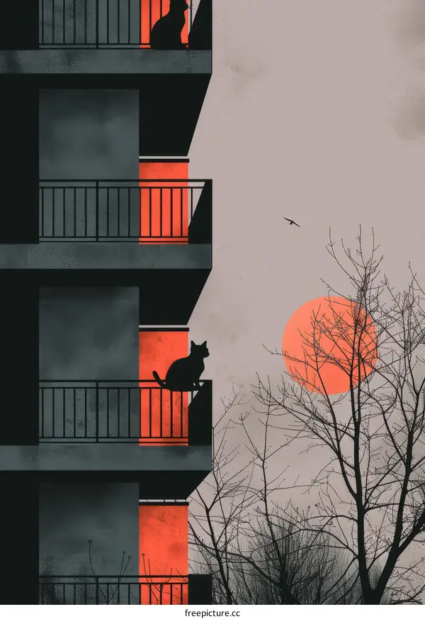 A lonely cat sits on a balcony railing in front of a setting sun