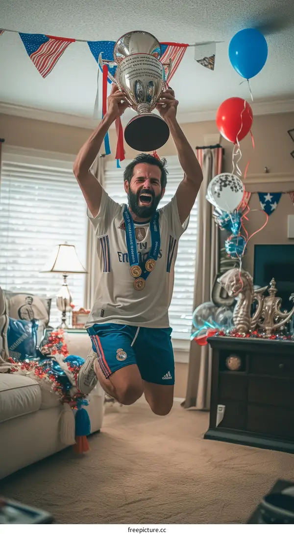 Ecstatic bearded man celebrating victory while jumping in mid air with trophy in hand
