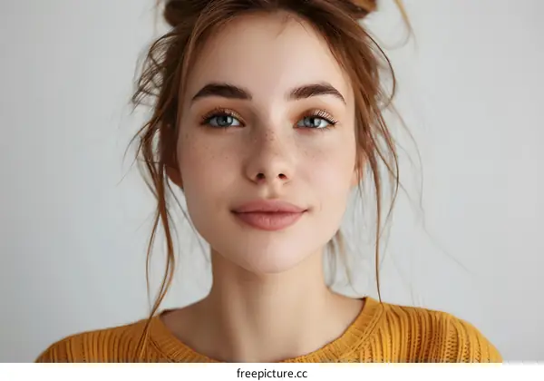 Portrait of a beautiful young woman with freckles