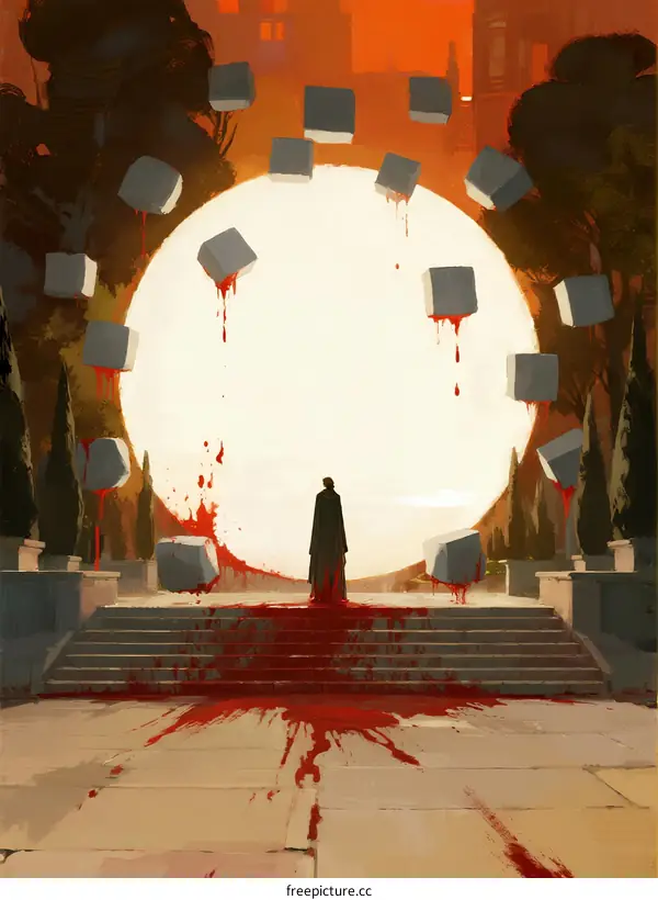 Mysterious Figure Standing Under Floating Cubes and Large Blood Moon