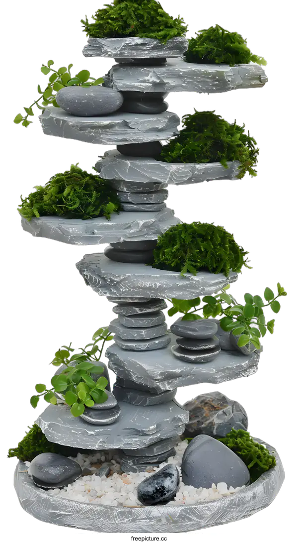 [Transparent Background PNG]Stacked Stones With Green Moss Decor