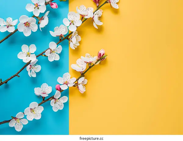 White Flowers on Blue and Yellow Background