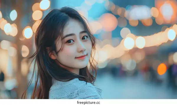 Portrait of Young Asian Woman with Bokeh Lights Background