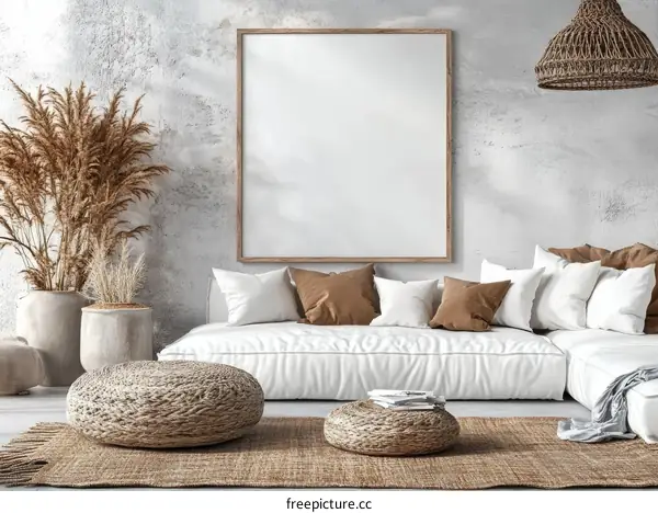 Bohemian Living Room Mockup with Blank Poster