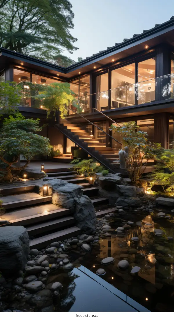 Courtyard with a Zen garden and a pond
