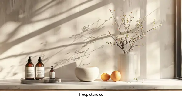 Still life with ceramic vase, orange fruit, and flower branches on a wooden table