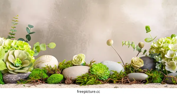 Green Floral Arrangement with Stones and Moss