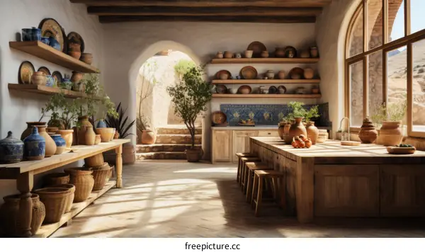 A beautiful Mediterranean style kitchen with a large wooden table and lots of pottery