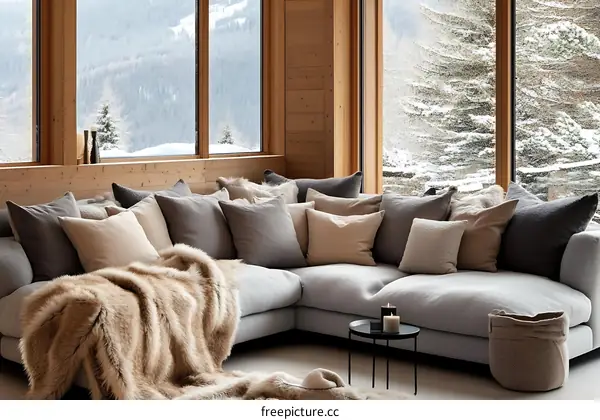 Cozy Mountain Living Room with Snowy View