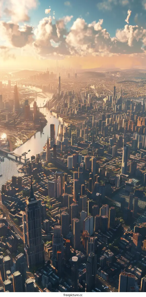 A bustling metropolis with skyscrapers amidst a river