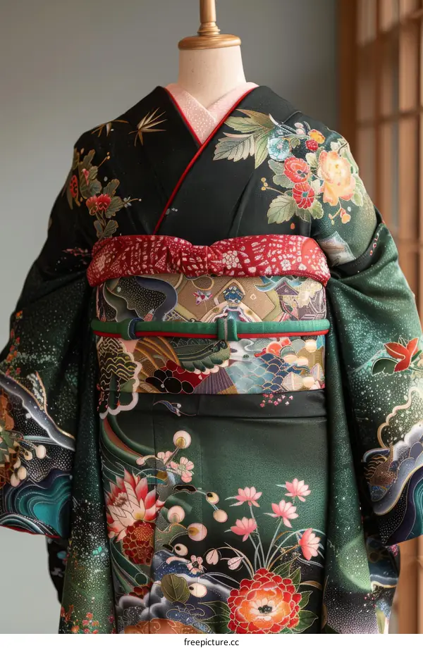 A kimono with a floral pattern and a red obi