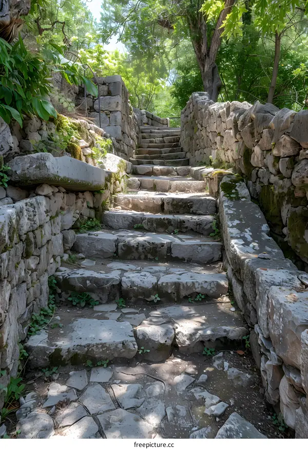 Stone steps lead up through the trees